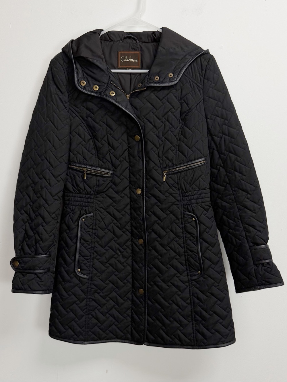 Cole Haan Coat Womens Small Black Quilted Lambskin Leather Trim